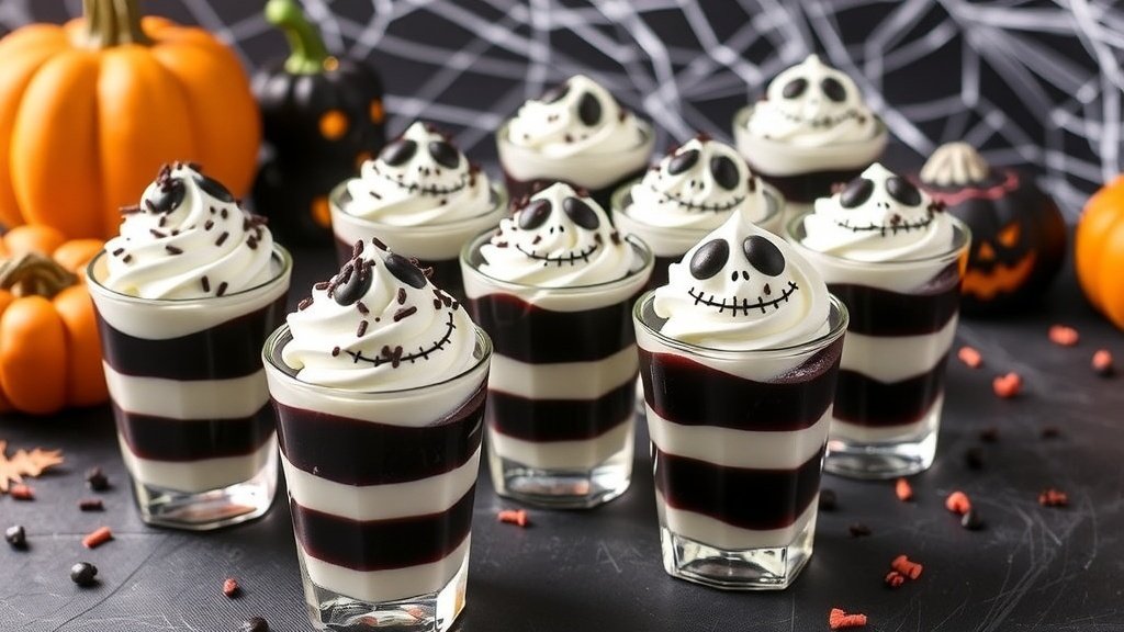 Jack Skellington jelly shots with black and white layers, topped with whipped cream and chocolate sprinkles on a Halloween-themed table.