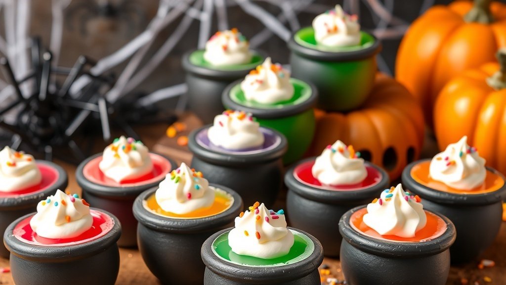Mini cauldron cups filled with colorful coconut jello shots, decorated with whipped cream and sprinkles, set against Halloween decorations.