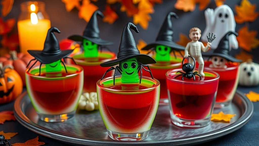 Colorful watermelon jello shots in a hollowed watermelon, decorated for Halloween.