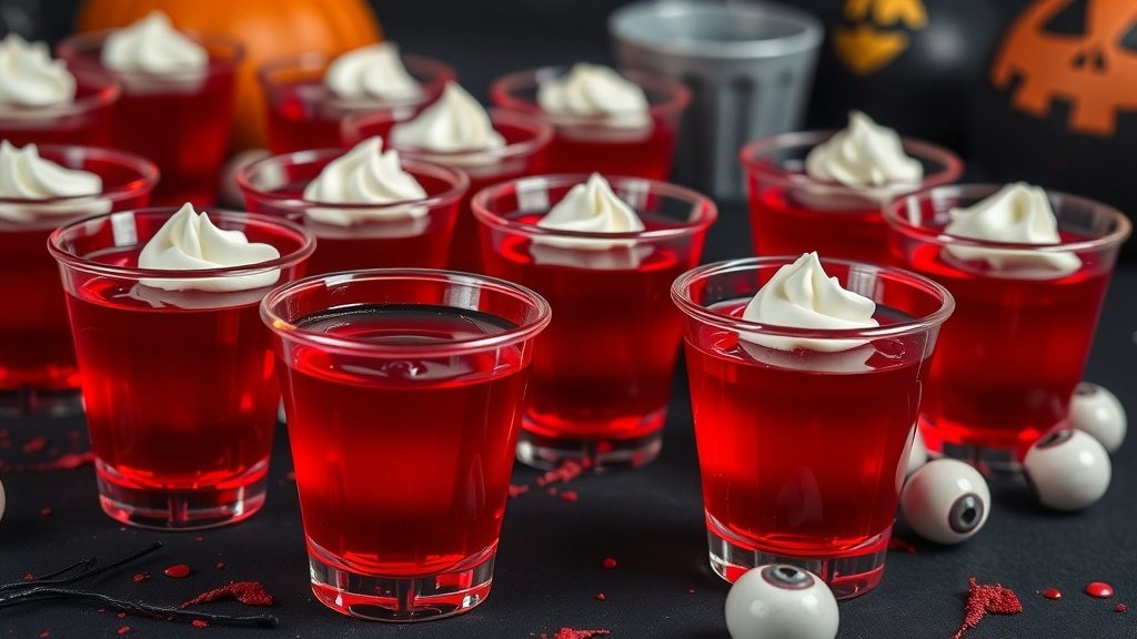 Zombie Blood Raspberry Shots in plastic glasses, garnished with whipped cream, surrounded by Halloween decorations.