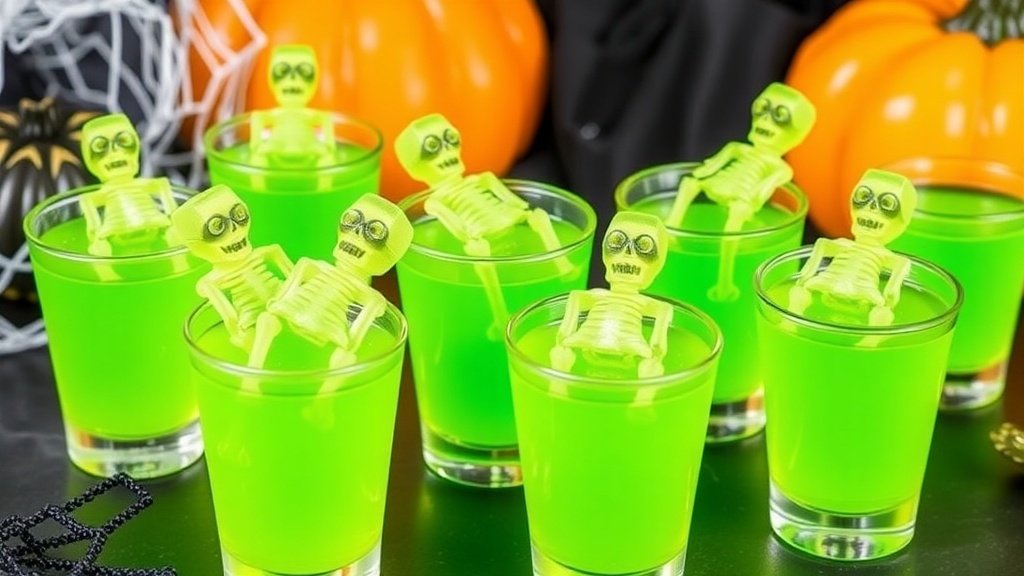 Bright green Skeleton Key Lime Shots with gummy skeletons on top, surrounded by Halloween decorations.