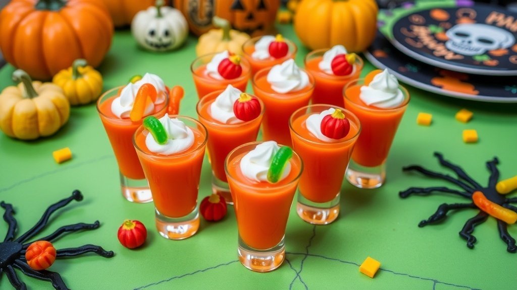 Pumpkin patch punch shots in orange jello with whipped cream and candy garnishes on a Halloween-themed table.