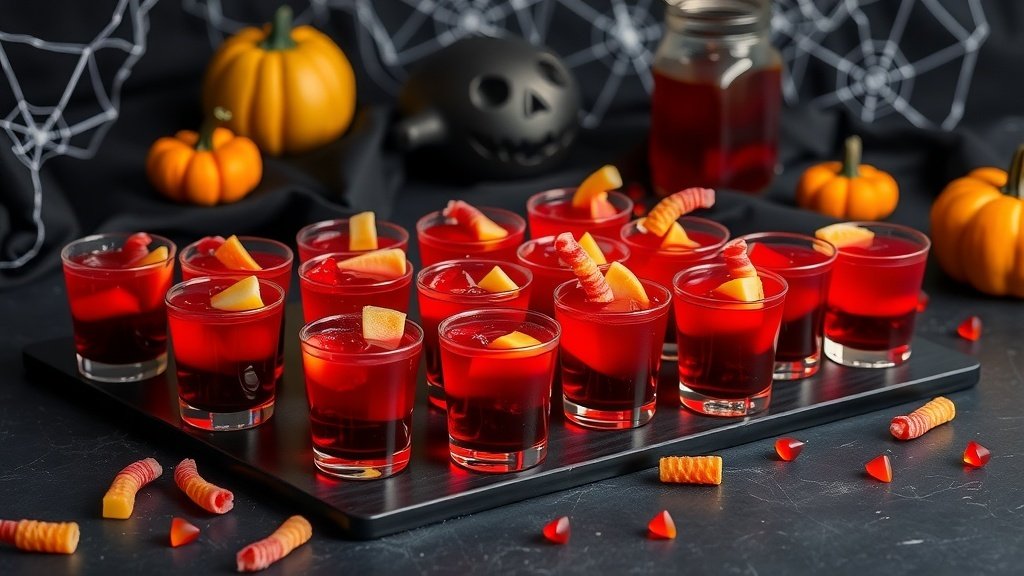 Sinister Sangria Shots in shot glasses with fruit garnishes, set against a Halloween-themed backdrop.