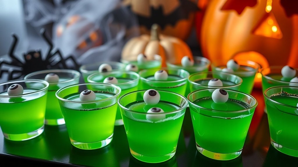 Spooky sour apple jello shots with candy eyeballs on a Halloween-themed table.