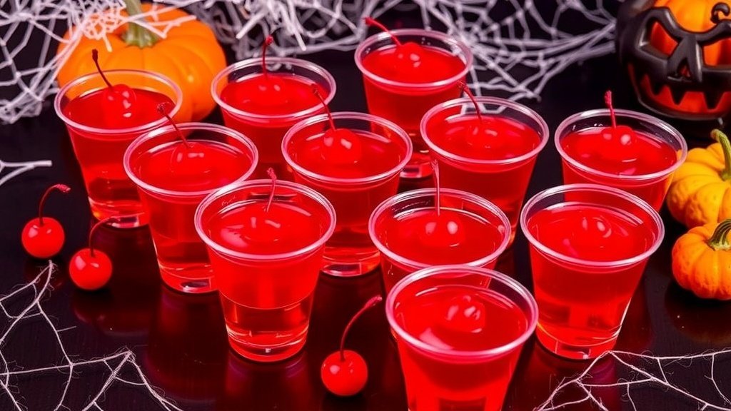 Colorful cherry jello shots in plastic cups with maraschino cherries, set against a Halloween-themed backdrop.