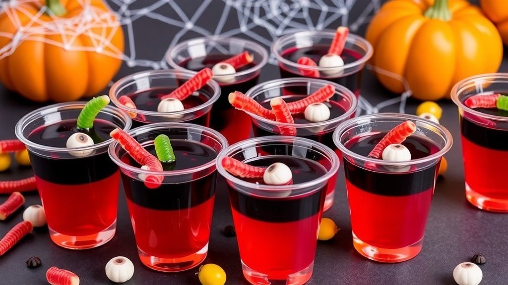 Colorful Halloween jello shots in red and black layers, garnished with gummy worms, on a Halloween-themed table.
