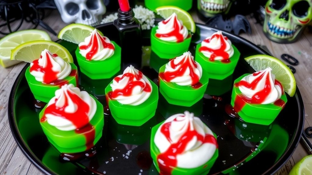 Bloody Margarita Bites with green jello, white cream, and raspberry sauce on a dark plate, garnished with lime.