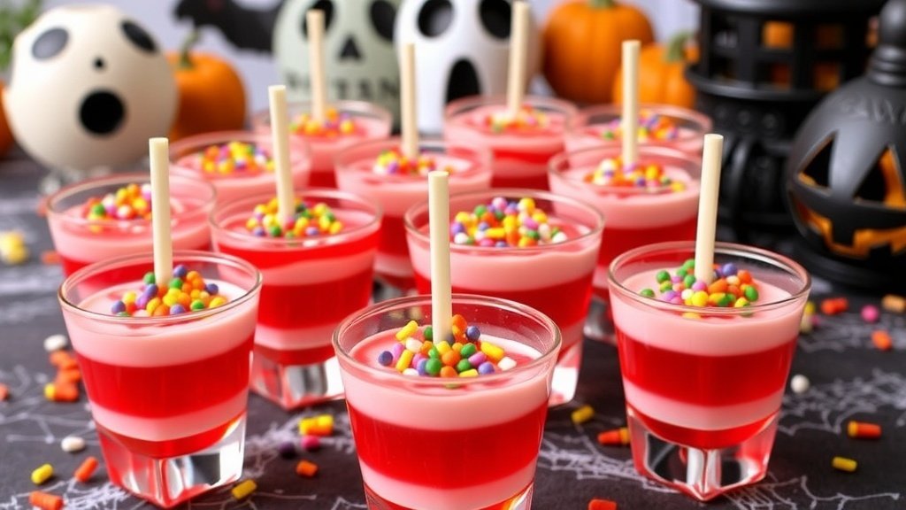 Colorful Haunted Candy Apple Jello shots in plastic glasses, garnished with sprinkles, on a Halloween-themed table.