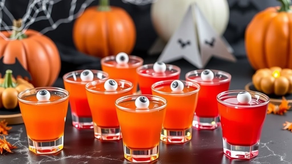 Colorful Halloween jello shots in clear glasses topped with candy eyeballs, set against a spooky Halloween backdrop.