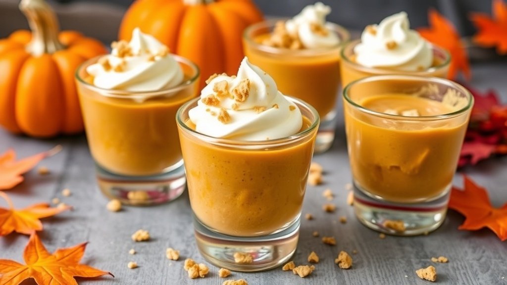 Pumpkin smash pudding shots in clear cups with whipped cream and graham cracker crumbs, surrounded by Halloween decorations.