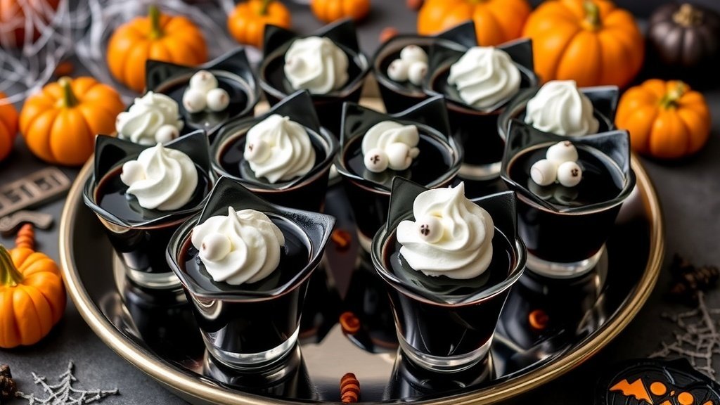A platter of black cat-shaped jello shots decorated with whipped cream and candy eyes for Halloween.