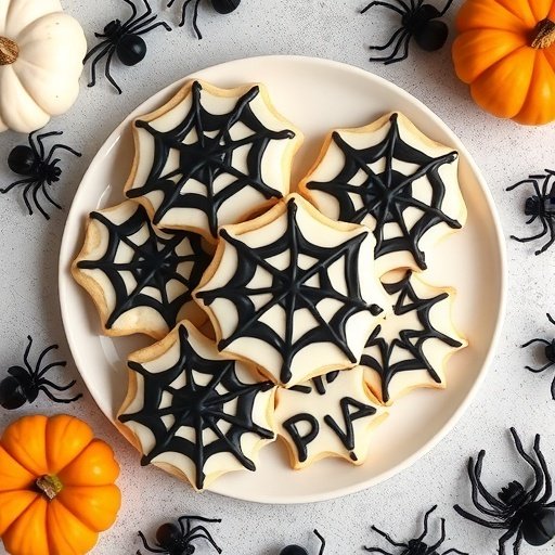 A plate of spiderweb decorated sugar cookies surrounded by pumpkins and fake spiders.