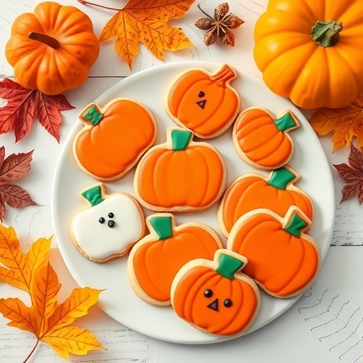 A plate of decorated pumpkin-shaped cookies surrounded by autumn leaves and small pumpkins.