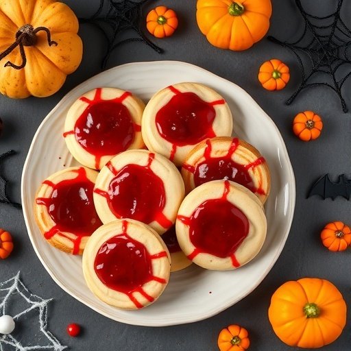 A plate of Bloody Thumbprint Cookies decorated with red jam and surrounded by Halloween-themed decorations.