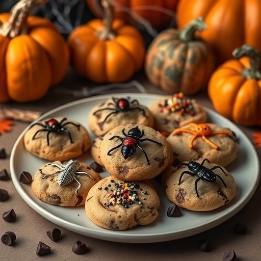 A plate of Halloween-themed cookies decorated with chocolate chips and edible spider decorations, surrounded by pumpkins.