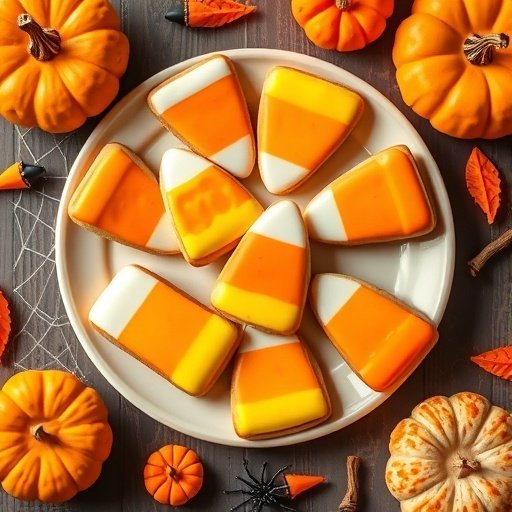 A plate of candy corn sugar cookies surrounded by pumpkins and Halloween decorations.