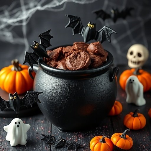 A black cauldron filled with chocolate cookies, surrounded by Halloween decorations like pumpkins and bats.