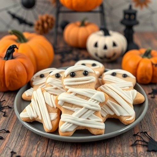 A plate of mummy sugar cookies decorated with white icing, surrounded by pumpkins.