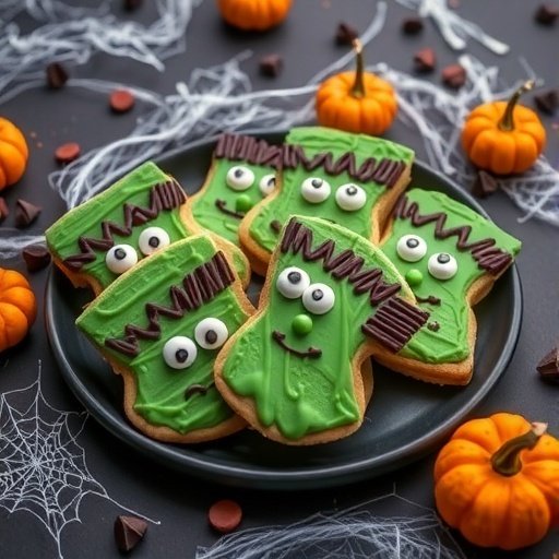 A plate of decorated Frankenstein monster cookies with green frosting, chocolate hair, and candy eyes, surrounded by pumpkins and spider webs.