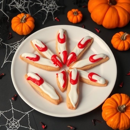 Vampire Fang Sugar Cookies on a plate surrounded by pumpkins and spider webs