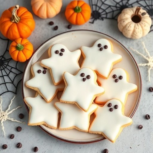 A plate of ghost-shaped butter cookies decorated with white icing and chocolate chip eyes, surrounded by small pumpkins and spider web decorations.