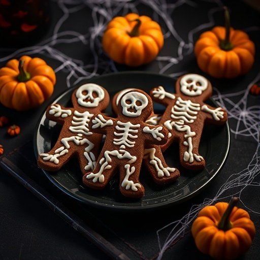 A plate of spooky skeleton gingerbread men cookies surrounded by small pumpkins and cobweb decorations.