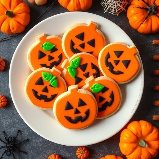 A plate of Jack-O’-Lantern Sugar Cookies decorated with orange icing and black faces.