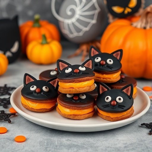 A plate of black cat sandwich cookies with orange filling, surrounded by Halloween decorations.