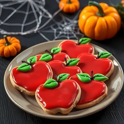 A plate of Poison Apple Sugar Cookies decorated with red icing and green leaves, surrounded by small pumpkins.