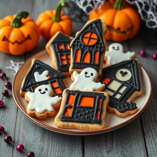 A plate of decorated Halloween cookies shaped like haunted houses and ghosts, with pumpkins in the background.