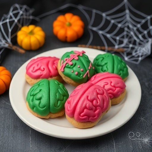 A plate of colorful zombie brain sugar cookies decorated in pink and green icing, surrounded by small pumpkins and spider webs.