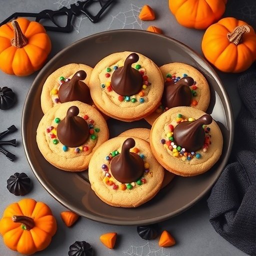 A plate of Witch Hat Peanut Butter Cookies decorated with chocolate kisses and colorful sprinkles, surrounded by Halloween-themed decorations.