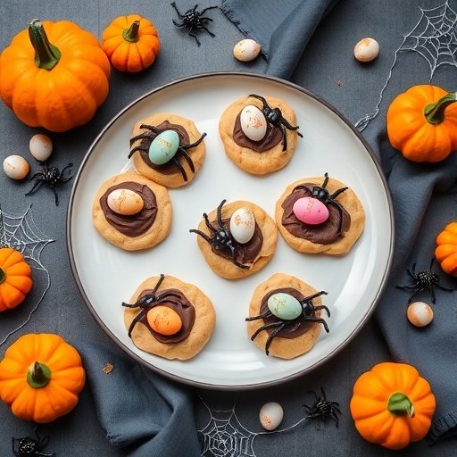 A plate of Spider Egg Nest Cookies decorated with chocolate frosting, candy eggs, and plastic spiders, surrounded by pumpkins and Halloween decorations.