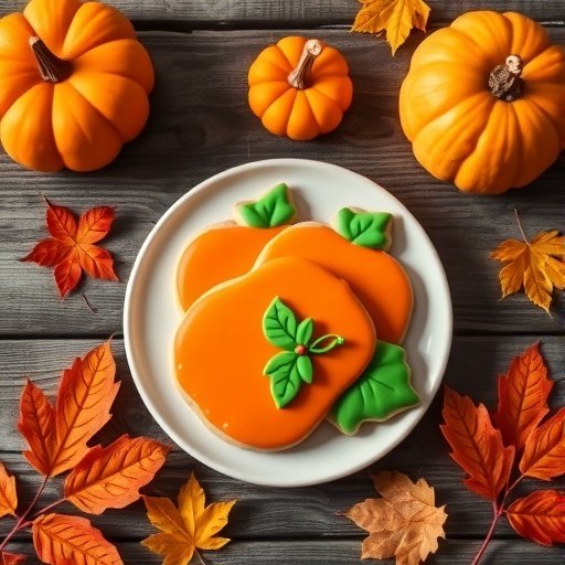 A plate of decorated pumpkin-shaped sugar cookies surrounded by small pumpkins and autumn leaves.
