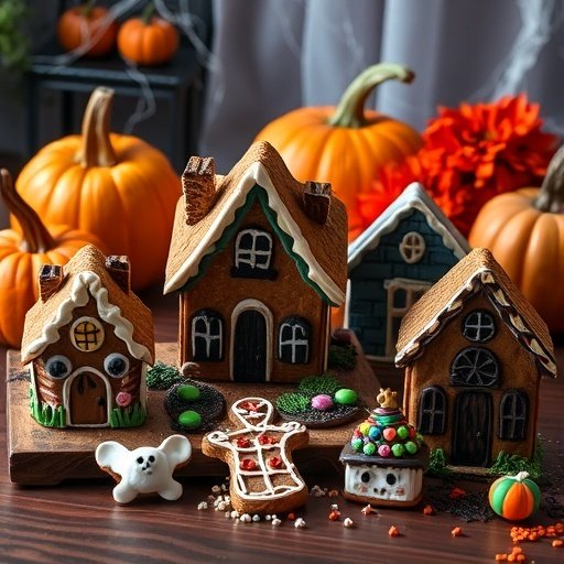 A display of decorated gingerbread houses and cookies for Halloween.