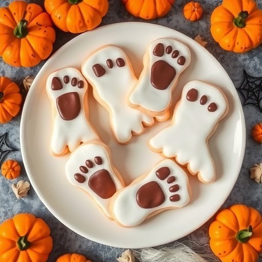 A plate of ghost footprint cookies surrounded by pumpkins.