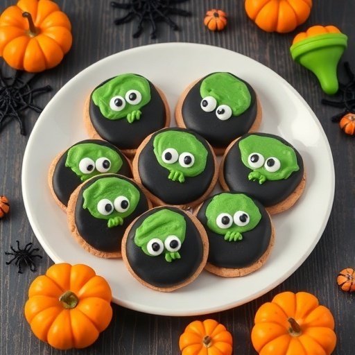 A plate of Cauldron Bubble Cookies decorated with green frosting and candy eyes, surrounded by mini pumpkins and spiders.