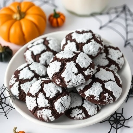A plate of Black Velvet Crinkle Cookies with a pumpkin in the background