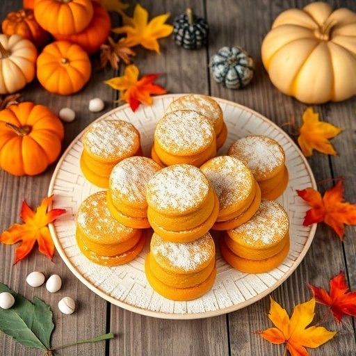 A plate of pumpkin cheesecake filled cookies surrounded by autumn decorations.