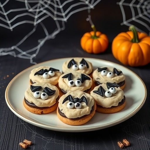 A plate of spooky Oreo-stuffed cookies decorated with bat designs and candy eyes.