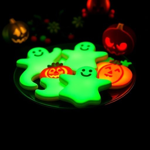 Glow-in-the-dark sugar cookies shaped like ghosts and pumpkins on a plate