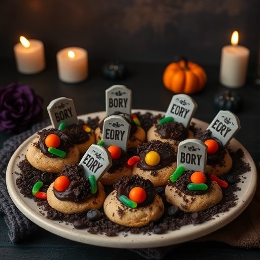 A plate of spooky graveyard dirt cookies decorated with candy and tombstone toppers.
