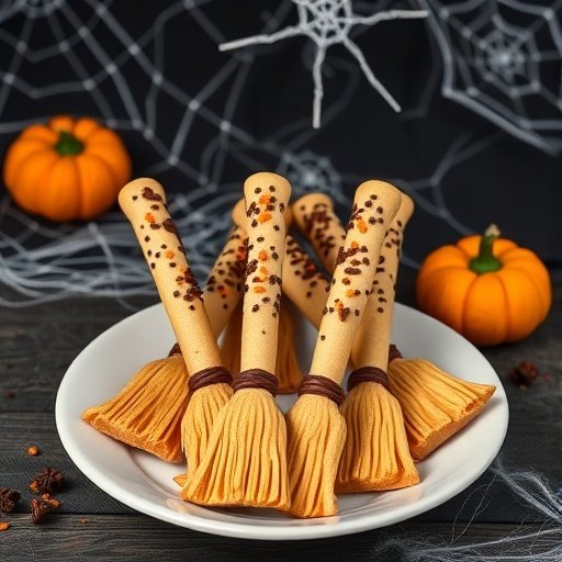 A plate of Witch's Broomstick Cookie Sticks decorated with orange and brown colors, set against a Halloween-themed background.