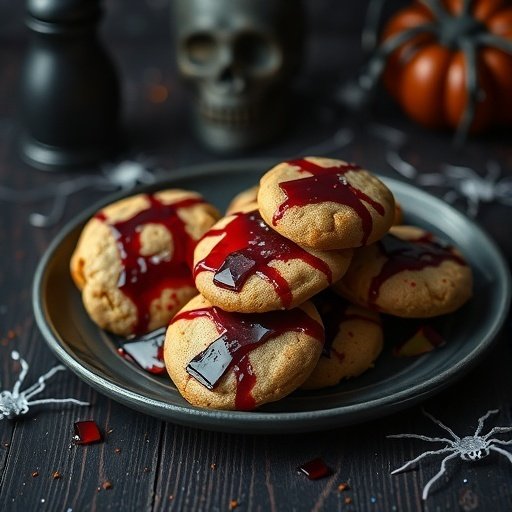 A plate of Bloody Broken Glass Cookies decorated with red syrup and black jelly pieces, surrounded by Halloween decorations.