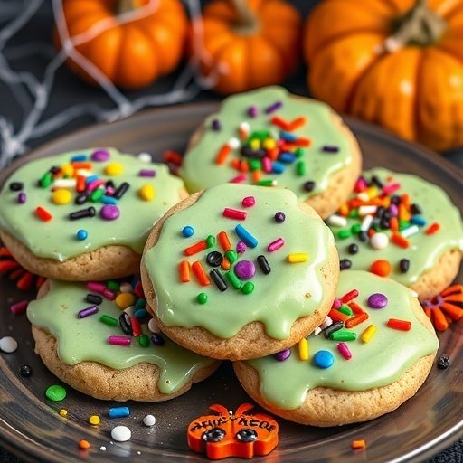 A plate of Monster Mash Sprinkle Cookies with green icing and colorful sprinkles, surrounded by small pumpkins.