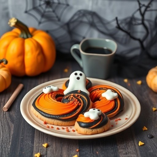A plate of haunted swirl marble cookies decorated with orange and black icing, featuring ghost shapes on top, surrounded by pumpkins and a cup of coffee.