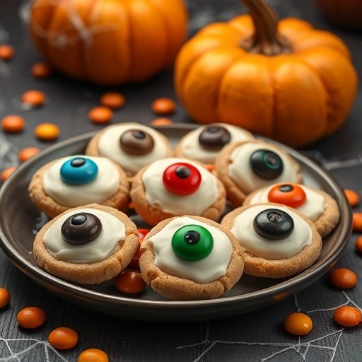 A plate of Candy Eyeball Peanut Butter Cookies decorated with colorful candy eyeballs, surrounded by pumpkins and candy.