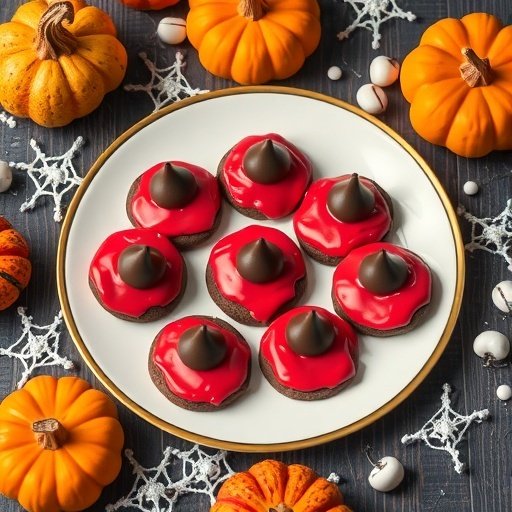 A plate of Vampire Kiss Chocolate Cookies decorated with red icing and chocolate kisses, surrounded by pumpkins and spider web decor.