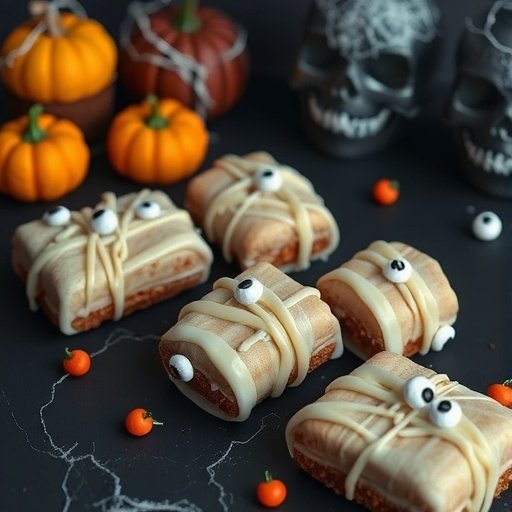 A display of Mummified Macarons decorated with white chocolate and candy eyes, surrounded by pumpkins and skulls.