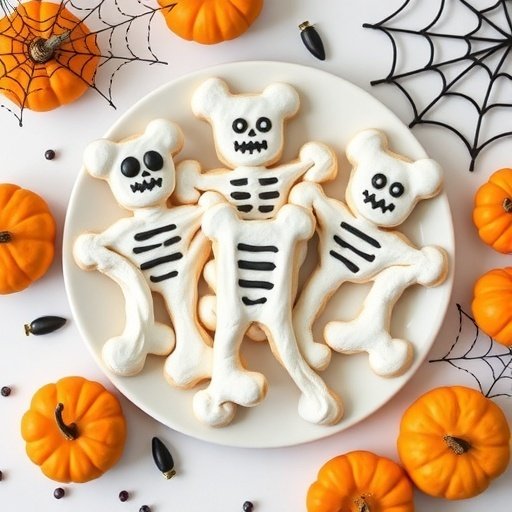 A plate of skeleton bone meringue cookies surrounded by pumpkins and spiderweb decorations.